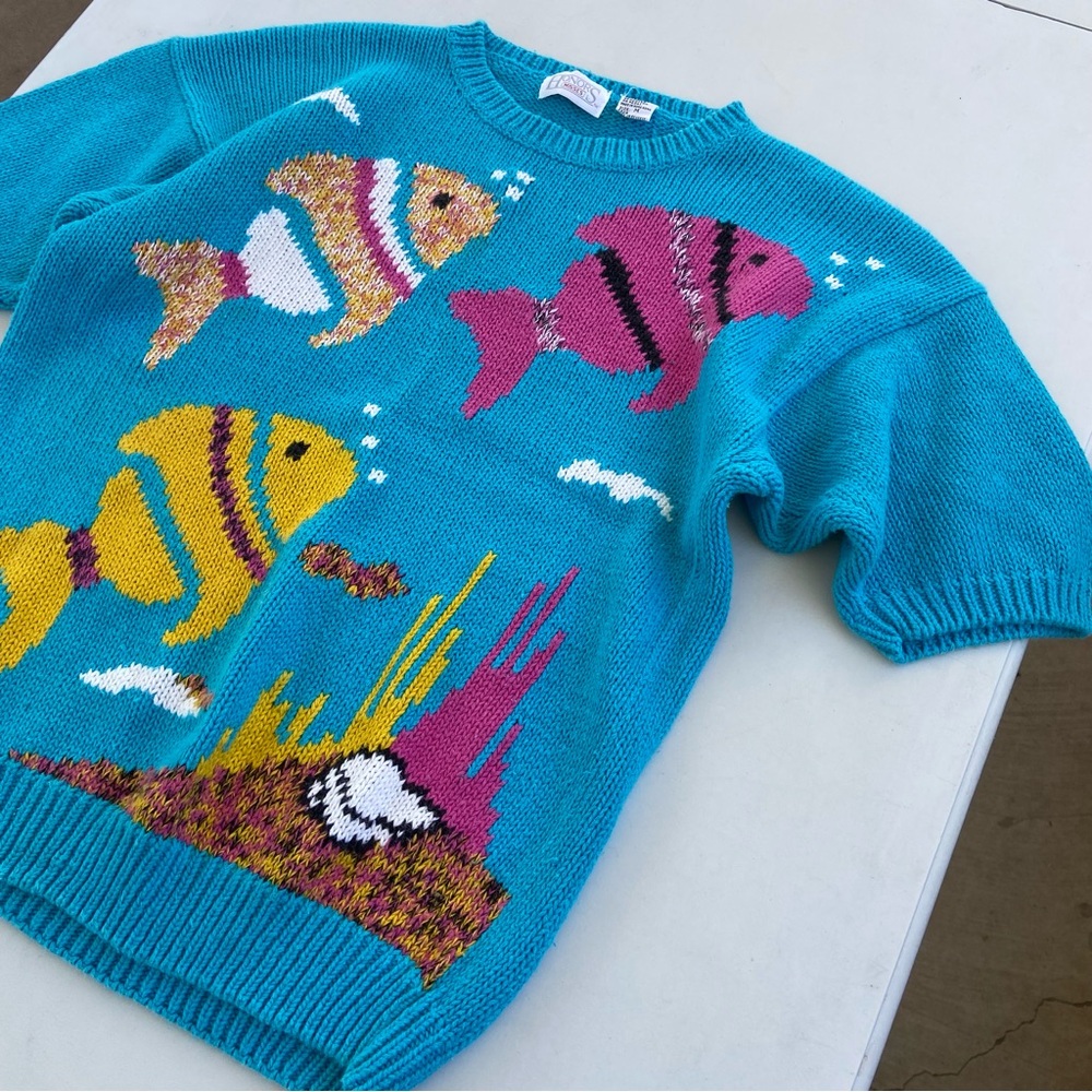 Vintage Fish Sweater Hong Kong Ramie Cotton Coastal Aquarium Knit Womens M 80s - Picture 4 of 14